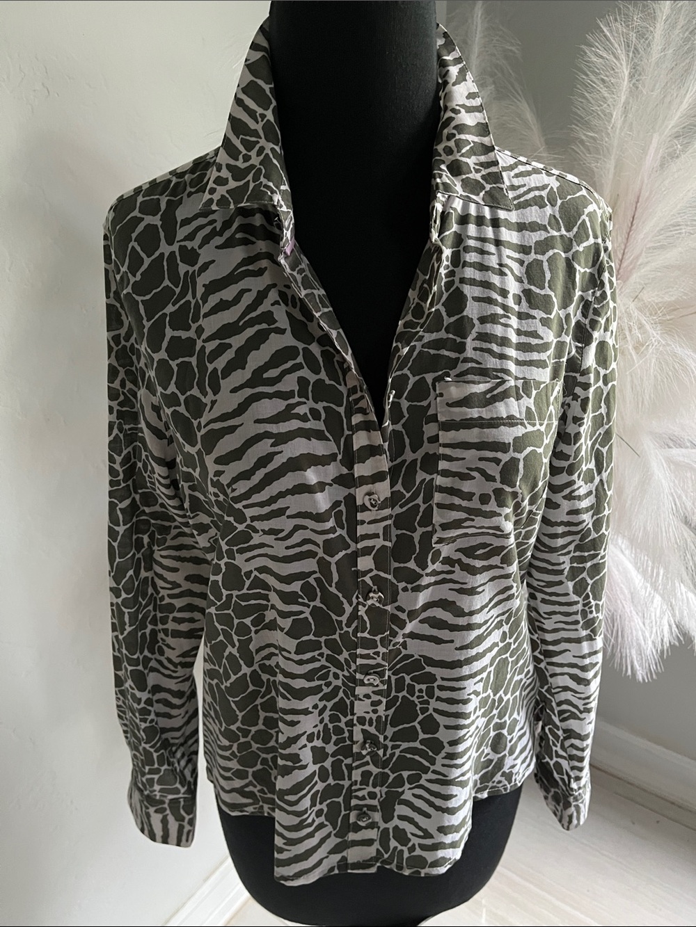 Foxcroft Olive and White Animal-Print Button-Down Shirt